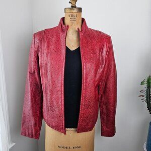 LONDON UNDERGROUND Red Leather Ostrich-Print Jacket – Retro 80s Style – Size L